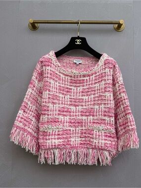 CHANEL Pink and Cream Bouclé Fringe Crewneck Sweater